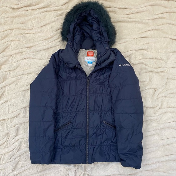 Columbia Thermal Coil insulated winter puffer jacket navy fur-lined hood Sz M - Picture 7 of 8